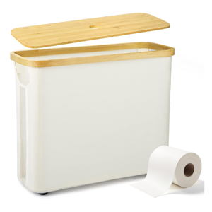 Railhorn Toilet Paper Storage for Bathroom, Slim Basket Holder with Bamboo Lid, Foldable Organizer with Handle, Freestanding Stand for Small Spaces