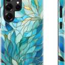 Esdot for Samsung Galaxy S25 Ultra Case,Aesthetic Vintage Blue Leaves Wildflower Girly Shell,Compatible with Magsafe,Trendy Unique Retro Western Protective Slim Silicone Phone Cover for Women Girls