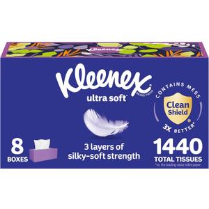 Kleenex Ultra Soft Facial Tissues, 8 Flat Boxes, 180 Tissues per Box, 3-Ply, Packaging May Vary (White)