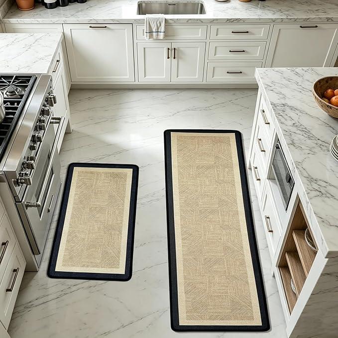 Kitchen Mat Kitchen Rugs Sets of 2 PCS,Neutral Braided Kitchen Mats for Floor,Thick Rubber Backing and Comfort Standing Runner Rugs,Anti Fatigue,Machine Washable,Beige,17"x30"+17"x47"
