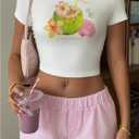 Women's Graphic Bow Short Sleeve Crewneck Crop Tops Slim Fit Y2K Cute T Shirts (White, S)