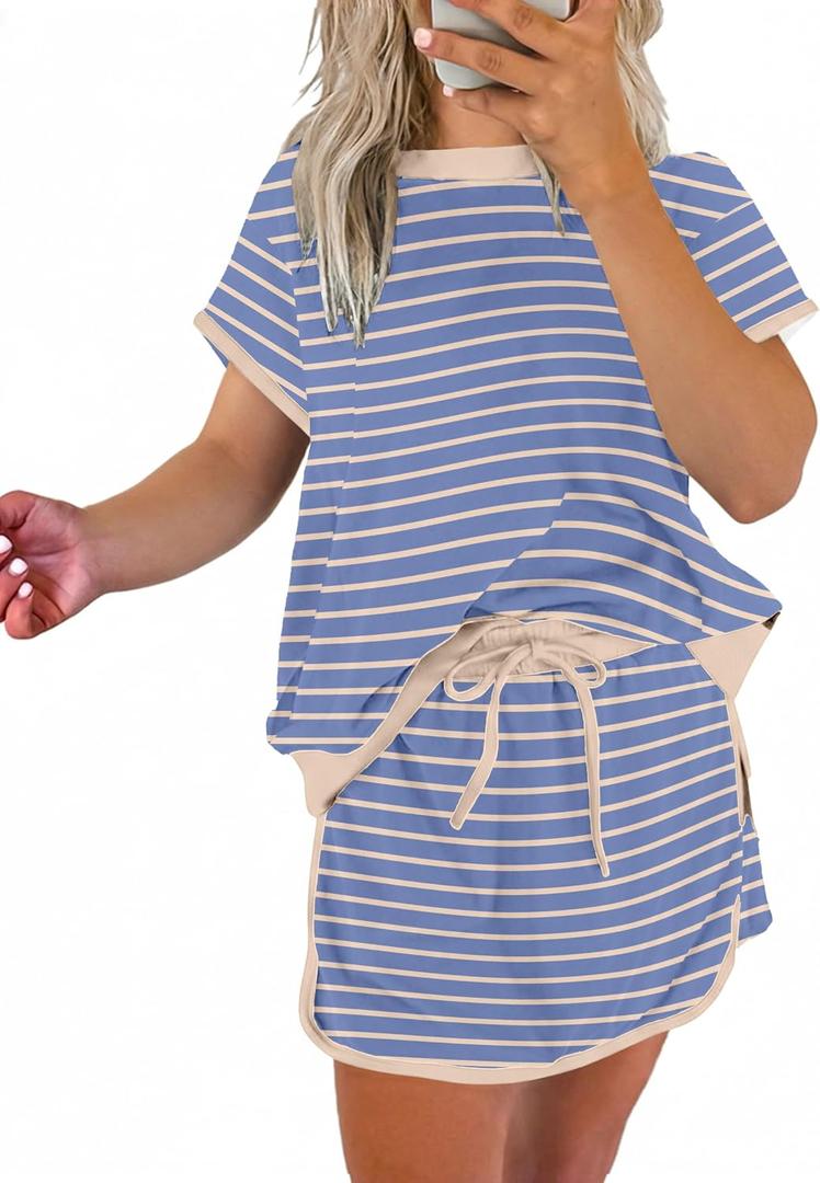 SELINK Lounge Sets for Women 2 Piece Skirt Colorblock Drop Shoulder T Shirt and Skort Set Summer Tracksuits Sky Blue Stripe-M