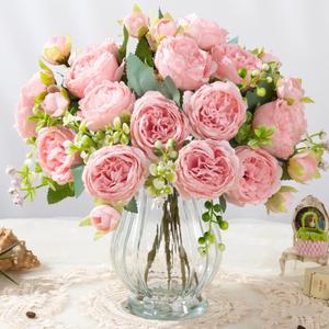 JARELING Artificial Peonies Silk Flowers Bouquet in Glass Vase Faux Flowers Bouquets Modern Penoy Arrangement for Home Decoration Table Centerpiece (-Pink)