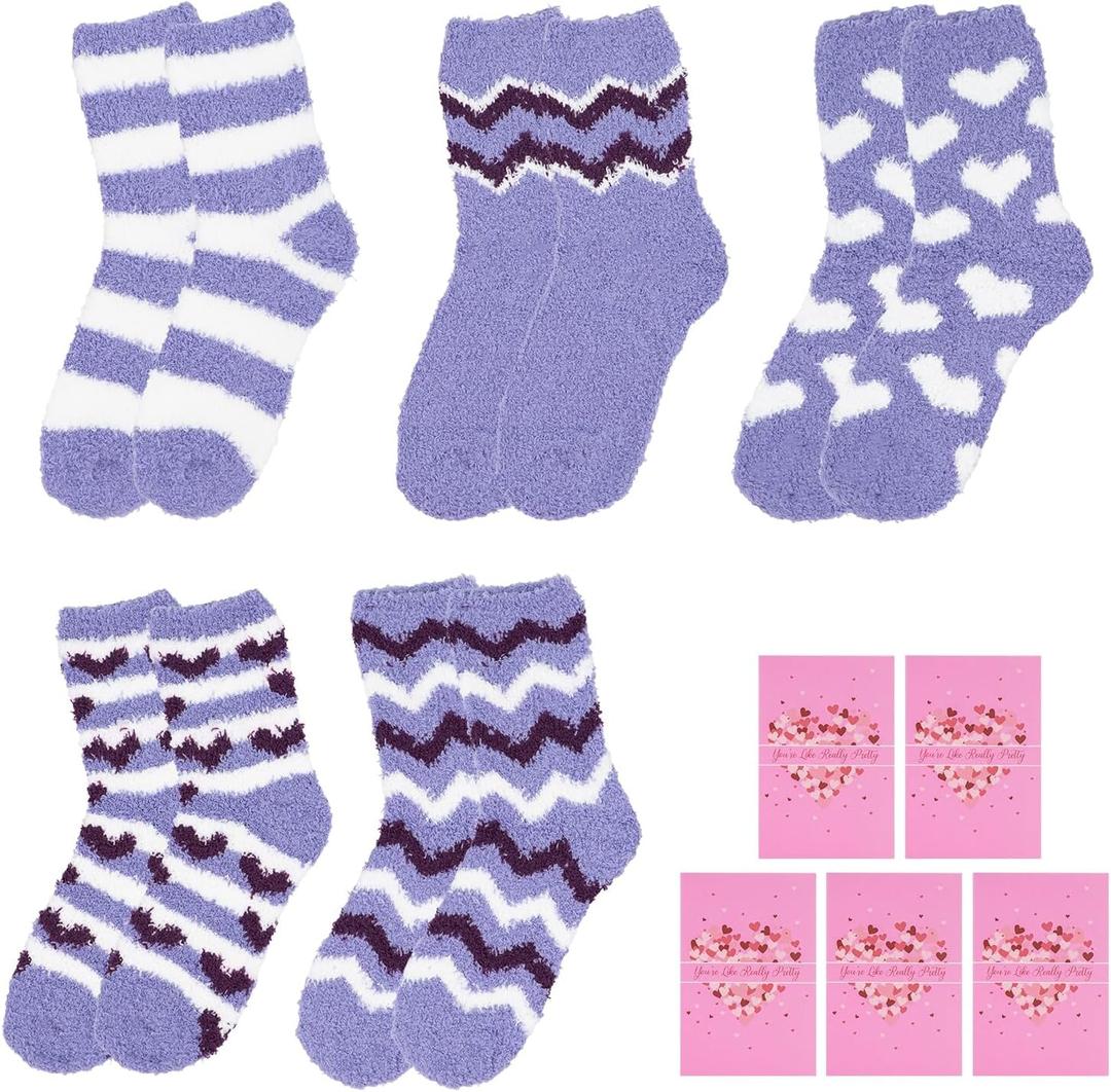 5 x Ithmahco Mothers Day Fuzzy Slipper Socks Gifts for Women Mom, 5 Pairs Fluffy Socks & Gift Card for Sisters Friends Her (Purple)