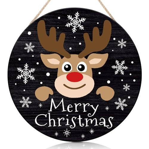 CHDITB Merry Christmas Sign,Reindeer Welcome Wood Sign, Farmhouse Round Xmas Wooden Sign,Funny Winter Wooden Door Hanger Decorative,Funny Holidays Deer Face Wooden Front Door Hanger