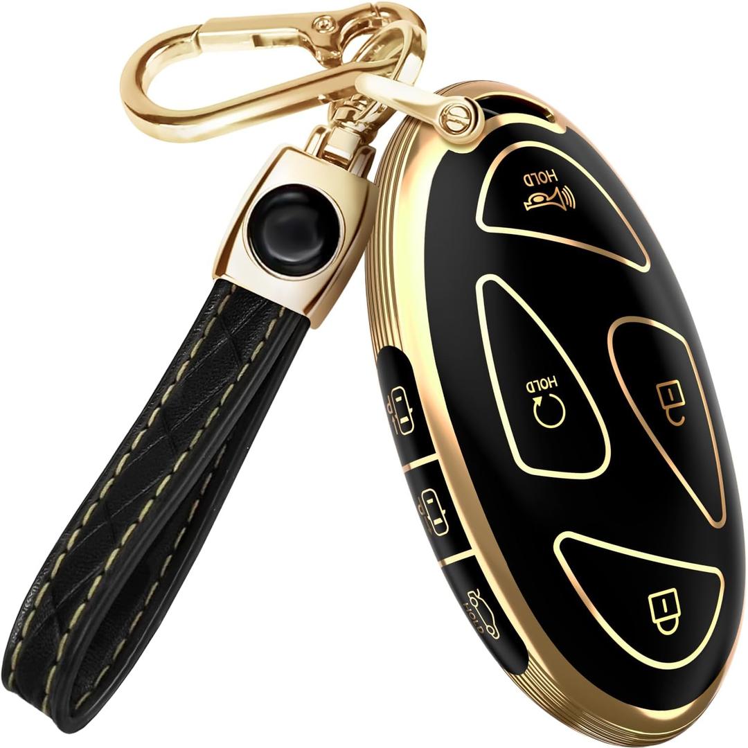 Lucrum Compatible with Hyundai Key Fob Cover & Leather Keychain, Keyfob Case for Santa Fe, Sonata, Tucson, Grandeur, Ioniq 6, KONA, Elantra - For 7 Button Remote (2022-2025) - Black and Gold