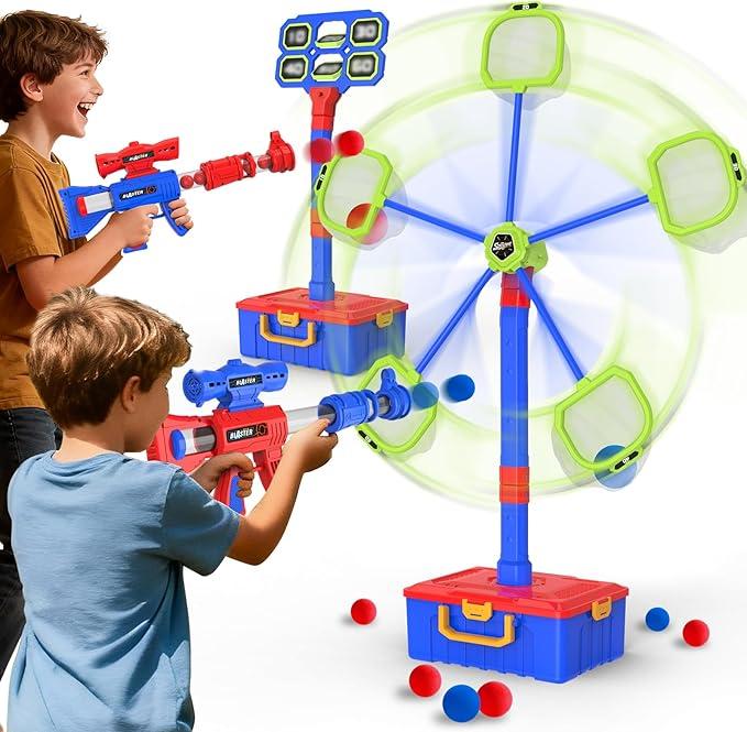 2 IN 1 Shooting Game Toys For 5 6 7 8 Year Old Kids, Moving Standing Shooting Target & 2 PCS Foam Ball Popper Air Toy Guns, 24 Foam Balls, 2 Player Boy Toys For Boy Kids, Gifts for Boys and Girls