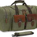 Canvas Duffle Bag with Genuine Leather Accents, Expandable 20-23 Inch Travel Weekender, Multiple Pockets, Green