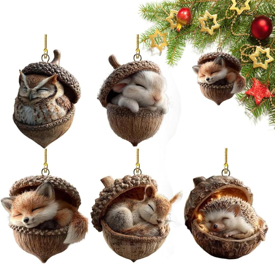 5PCS Forest Animal Acorn Ornaments Cozy Forest Christmas Ornaments, Woodland Creature Hanging Ornament, Pine Cone Animal Decoration, Acrylic Hanging Ornament Home Party Dcor (2D Flat)