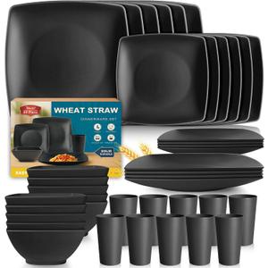 Teivio 40-piece Plastic Wheat Straw Square Dinnerware Set,Service for10, Unbreakable Dinner Plates, Salad Plates, Snack Bowls, Tumblers 13.5 oz, Dishwasher Safe, Kitchen Outdoor Camping Dish, Black