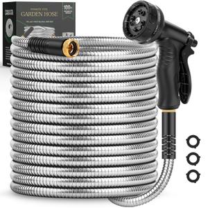 Itsonestep Garden Hose 100 FT, Metal Stainless Steel Water Hose with 10 Function Nozzles, No Kinks, Flexible Hose, Lightweight, Puncture Proof, Heavy Duty Hose for Yard and Outdoor, Silver