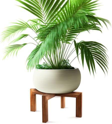 Wenqik 1 Pack 16 Inch Wood Plant Stand Wooden Plant Pot Holder Mid Century Rattan Flower Boho Rustic Stool Holder for Indoor Gardening Patio, Fit 8-18 Inch Pot (Wood Color)