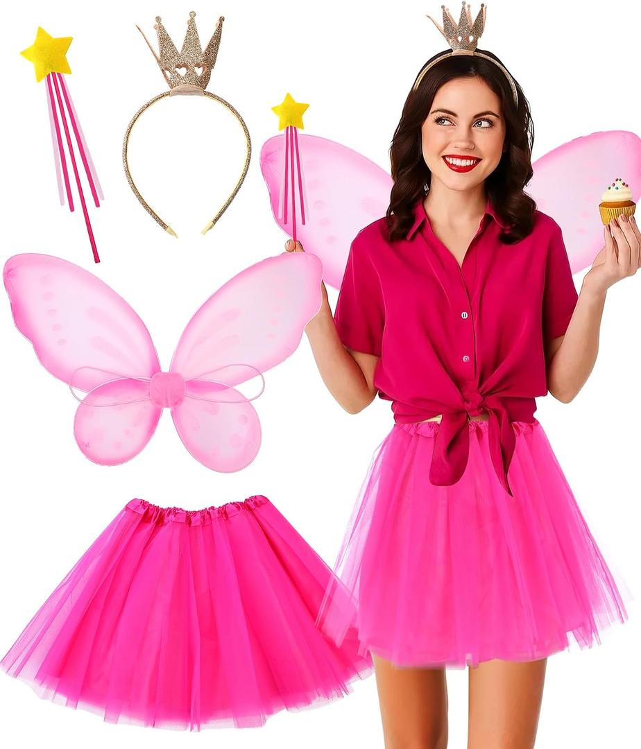 Mepase 4 Pcs Halloween Fairy Costume for Women Book Character Teacher Accessories Wing Tutu Skirt Crown Hairband Magic Wand