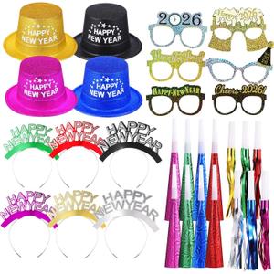 Sratte 36 Pcs 2026 New Year's Party Kit, 4 Colors Hats 12 Noisemakers 6 Eyeglasses 6 Headband Tiaras 8 Blowing Horns for Party New Year Eve Favors