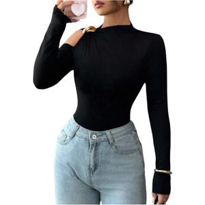 Women's Metal Cut Out Cold Shoulder T Shirts Mock Neck Fitted Tee Tops Casual Fall Outfits (Black, S)