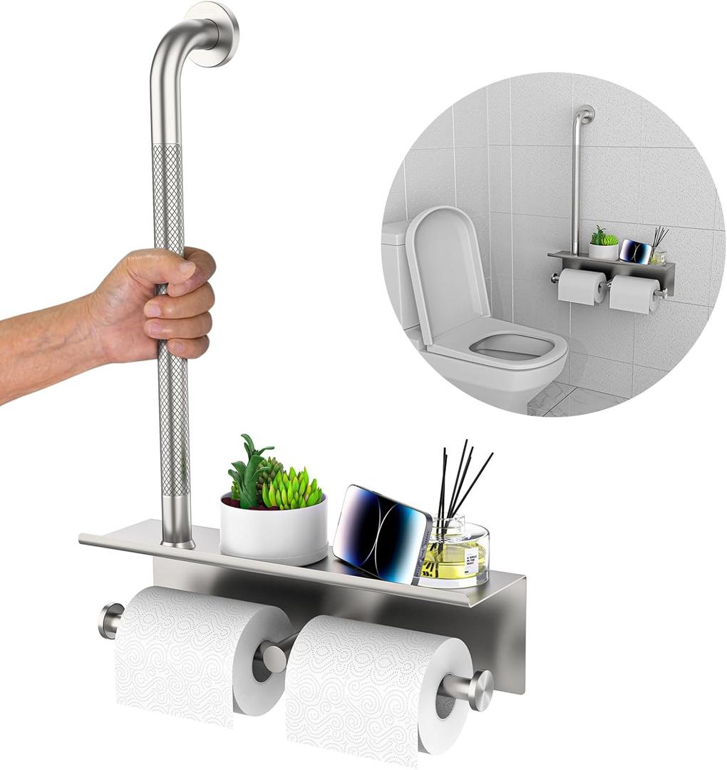 Bathroom Grab Bar w/Toilet Tissue Roll Holder, Munzong 3 in 1 Double Toilet Paper Holder w/Storage Shelf, Anti Slip Stainless Steel Safety Hand Rail Support Handicap Elderly Senior Assist Bath Handle
