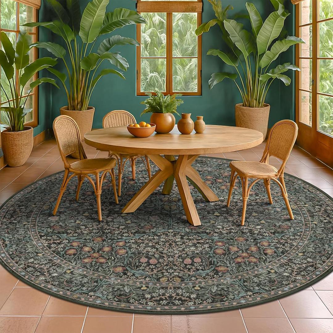 Vintage Washable Round Rugs 8ft, Ultra Soft Large Circle Area Rugs for Living Room, Dining Room Under Table Non Slip, Bedroom Under Bed, Dark Green Oriental Floral Round Floor Carpet Dcor