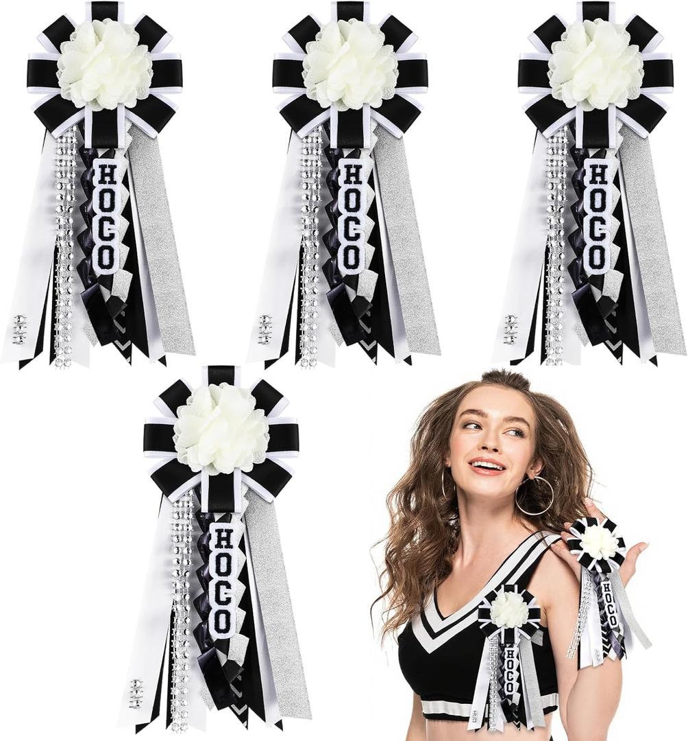 Norme 4 Pcs Mini Homecoming Decoration - 5.9" 2025 Homecoming Mum Flower & Ribbon Hand Accessories Set for Back to School Party Events Favors Supplies(Black)