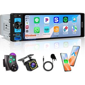 6.5 Single Din Car Stereo Receivers with Wireless Apple CarPlay, IPS Touchscreen 1280x452, Bluetooth 5.2, Car Radio FM AM, Backup Camera, USB Type-c Fast Charging, Android Auto, GPS Navigation, SWC