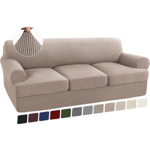 Turquoize 4 Piece T Cushion Sofa Slipcovers Stretch Couch Cover Furniture Covers with 3 Individual T Cushion Covers, Machine Washable (3 Cushion Sofa, Sand)