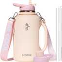 64oz Insulated Water Bottle, Coolflask Half Gallon Water Jug With Handle Straw Stainless Steel Double-Walled Vacuum Metal Large Flask With Strap Non-BPA Leakproof, Keep Cold 48 Hrs, Apricot Pink