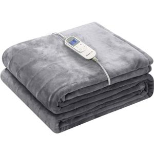 Wapaneus Heated Blanket Electric Throw 72" x 84" Full Size with 10 Heating Levels 12 Hours Time Setings and Auto-Shut Off, Flannel Fast-Heating Electric Blanket,Machine Washable,Light Grey
