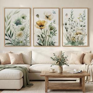 Large Framed Floral Botanical Wall Art for Living Room, 3 Piece 24x36 In, 24" W x 36" H x 3Pcs