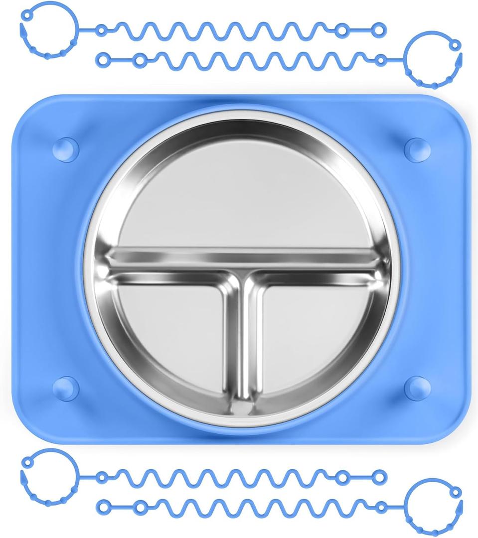 Baby Silicone Mat with Stainless Steel Divided Plate  Non-Slip Suction Base & 4 Straps to Secure Baby Essentials, BPA-Free Self Feeding Placemat for Infants Toddlers High Chair & Dining Table (Blue)