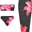 ZAFUL Womens 3pcs Bikini Swimsuits Bandeau 3 Piece Swimwear High Cut Bikini Sets with Long Sheer Coverup Dress 1-Floral Black M