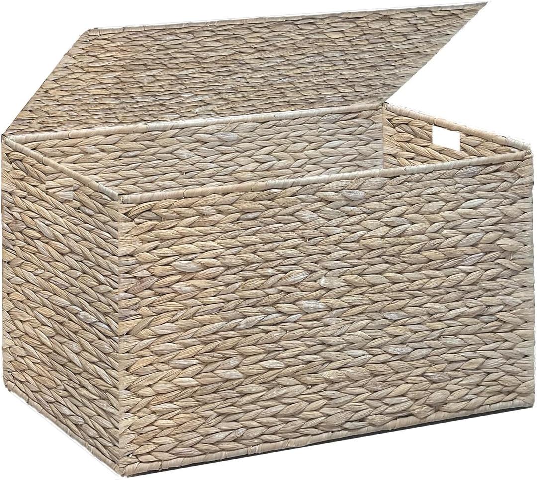 Water Hyacinth Storage Basket with Lid, 42.3 Gallon (160L) Wicker Storage Trunk with Handles, Handwoven Wicker Storage Basket for Blanket, Foldable, for Living Room, Laundry Room, White