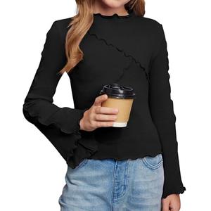 BesserBay Kids Fall Long Bell Sleeve Mock Neck Lettuce Trim Shirts Y2k Inspired Fashion Slim Fit Black Tops 13-14 Years XXL 