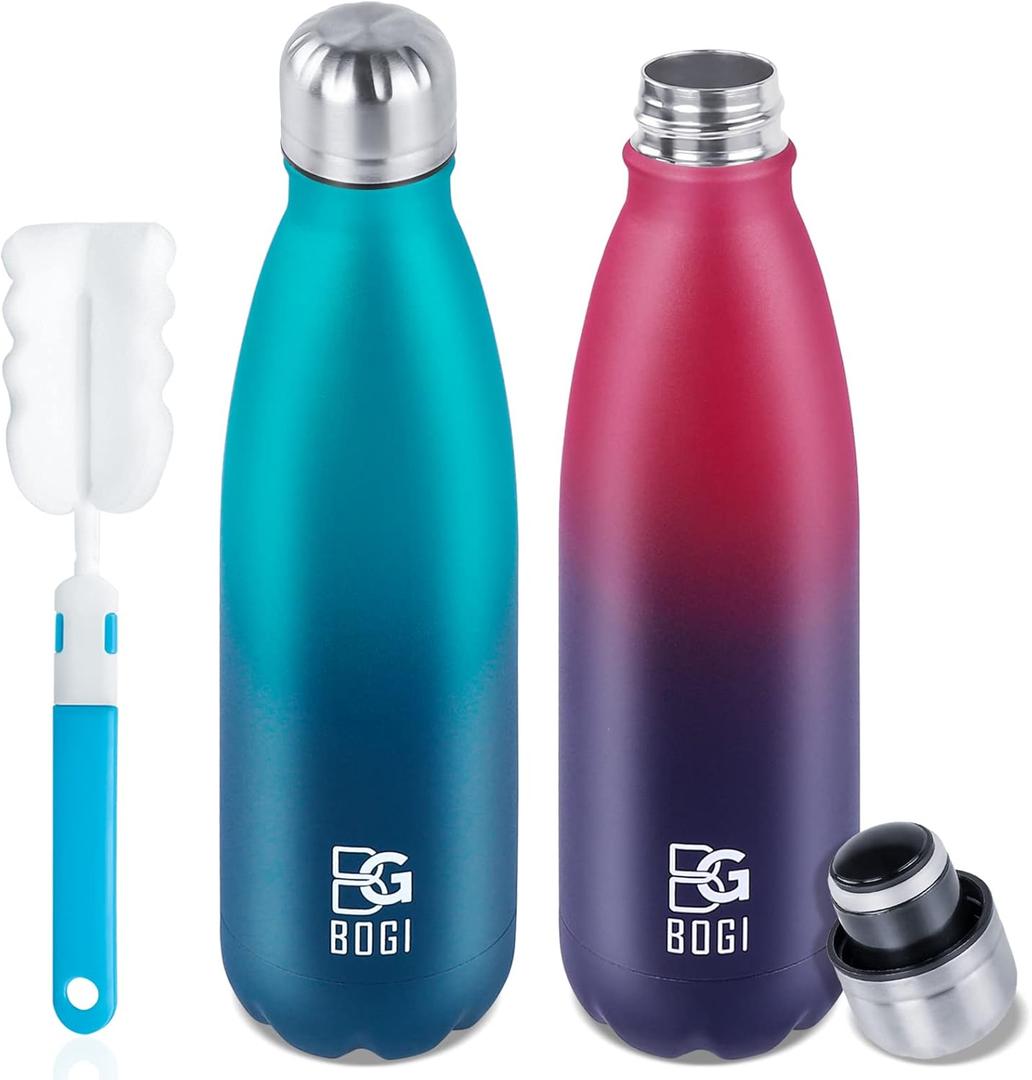 BOGI Insulated Water Bottle, 17oz 2 Pack Stainless Steel Water Bottles, Leak Proof Sports Metal Water Bottles Keep Drink Cold for 24 Hours and Hot for 12 Hours BPA Free kids water bottle for School (2 Pack-Dark Blue Red + Blue Dark Blue)
