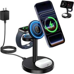 2026 3 in 1 Wireless Charging Station Compatible with MagSafe Charger Stand, 15W Fast Magnetic Mag-Safe Charger for iPhone 17 16 15 14 13 12 Series Apple iWatch AirPods Pro 4 3 2, Black