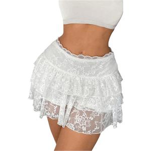 Women's Floral Lace Mini Skirt Y2k Low Waist Ruffle Hem Fairycore Layered Skirt L
