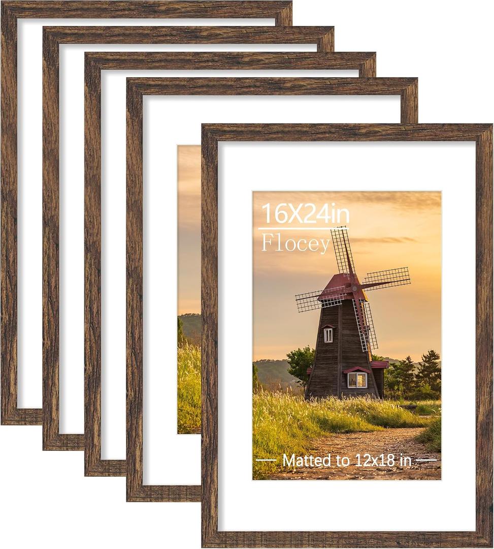 16x24 Picture Frame Set of 5, Rustic Brown Poster Frame, Display Pictures 12 x 18 with Mat or 16x 24 Without Mat for Horizontal or Vertical Wall Mounting, Wall Gallery Frame for Artwork, 16x24-5PACK