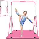 Gymnastics Bar for Kids, Adjustable Height Gymnastic Horizontal Bars with Mat, Folding Gymnastic Training Monkey Bars, Junior Expandable Training Kip Bar for Home, Pink