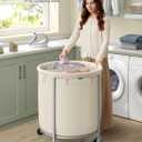 SONGMICS 63.5-Gallon (240 L) Laundry Basket with Wheels, Rolling Round Heavy-Duty Laundry Hamper Cart with Steel Frame and Removable Bag, 2 Locking Wheels, Cream White and Metallic Silver URLS012W01