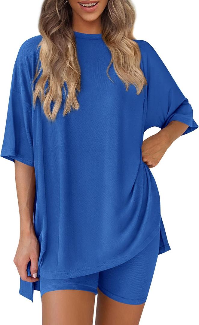 PRETTYGARDEN Women 2 Piece Lounge Set 2026 Summer Casual Oversized Shirts Biker Shorts Matching Airport Travel Outfit Clothes (Blue, L)