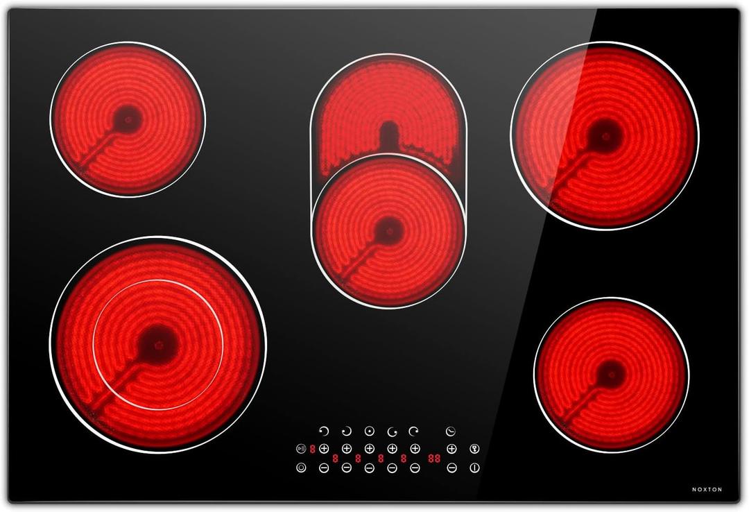 Noxton Electric Cooktop 30 Inch 5 Burners Electric Stove Top, Built-in Electric Radiant Ceramic Cooktop with Sensor Touch Control, Child Safety Lock, Timer, Pause, 8400W with Hard Wire for 220V~240V