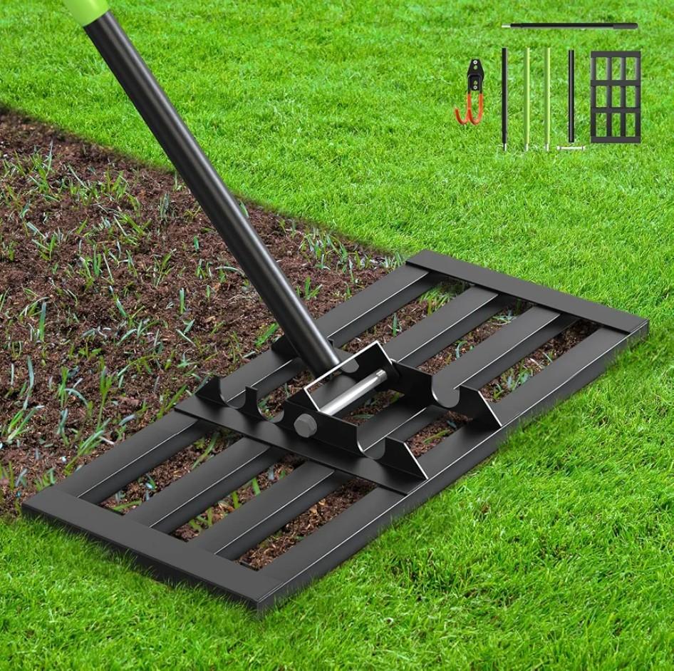 Lawn Leveling Rake, 17” x 10” Ground Leveler
with 6.5FT Alloy Steel Handle Rakes for Lawns, 0-180° Adjustable Ground Leveler Tool for Yard, Level Soil Sand Dirt Surfaces