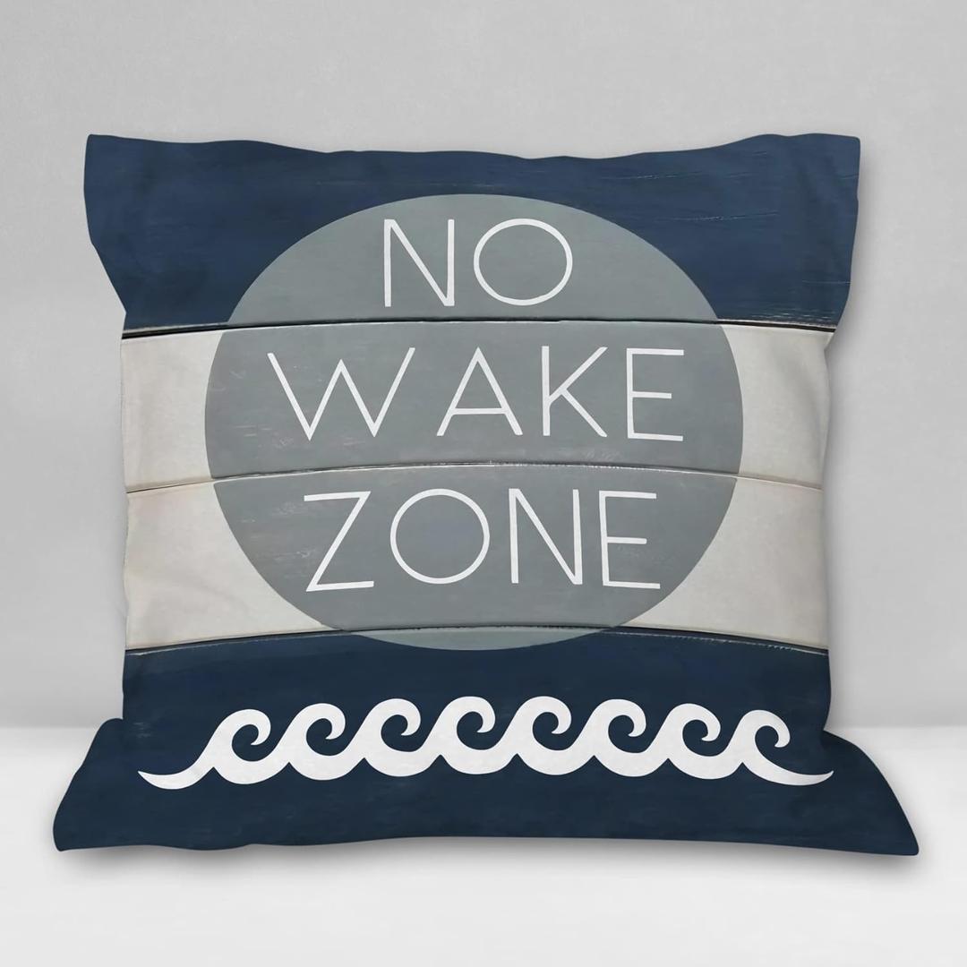 Burosev No Wake Zone Nursery Soft Throw Pillow Cover, Coastal Lake Quote Decorative Pillowcase, Nautical Nursery Lake House Decor Decorations for Home Bedroom Couch Sofa Baby Room(18x 18 Inch)