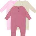 GUISBY Long Sleeve Baby Footless Pajamas with Buttons Cotton Sleepers with Zipper 3-Pack (0-3 Months, Beige-pink-purple)