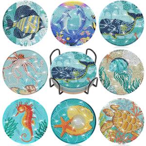Billbotk 8 Pieces Diamond Painting Coasters Kit with Holder, Diamond Art Coasters, DIY Diamond Art Crafts Projects, Diamond Dot Kits for Adults and Beginners(Ocean Style)