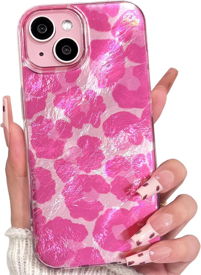 Lovmooful Compatible for iPhone 14 Plus/15 Plus Case Cute Aesthetic Leopard with Laser Design with Bumper Protector for Girls Women Soft TPU+PC Shockproof Protective Girly-Light Pink