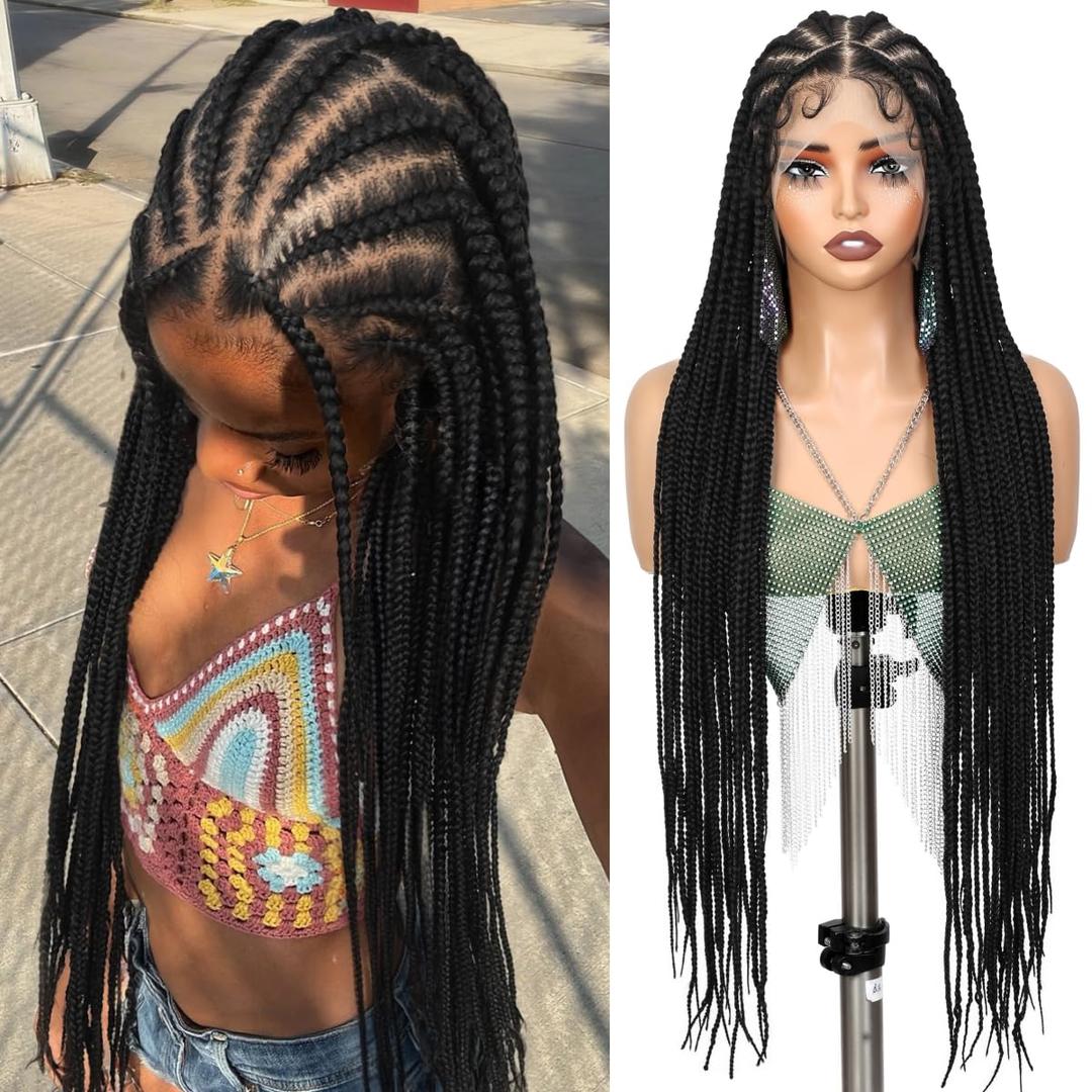 WIGER HD Full Lace Braided Wigs Handmade Long Braid Wig for Black Women Natural Black Cornrow Braided Wig 30 Inch Lace Front Knotless Box Braid Wigs With Pre Plucked Baby Hair