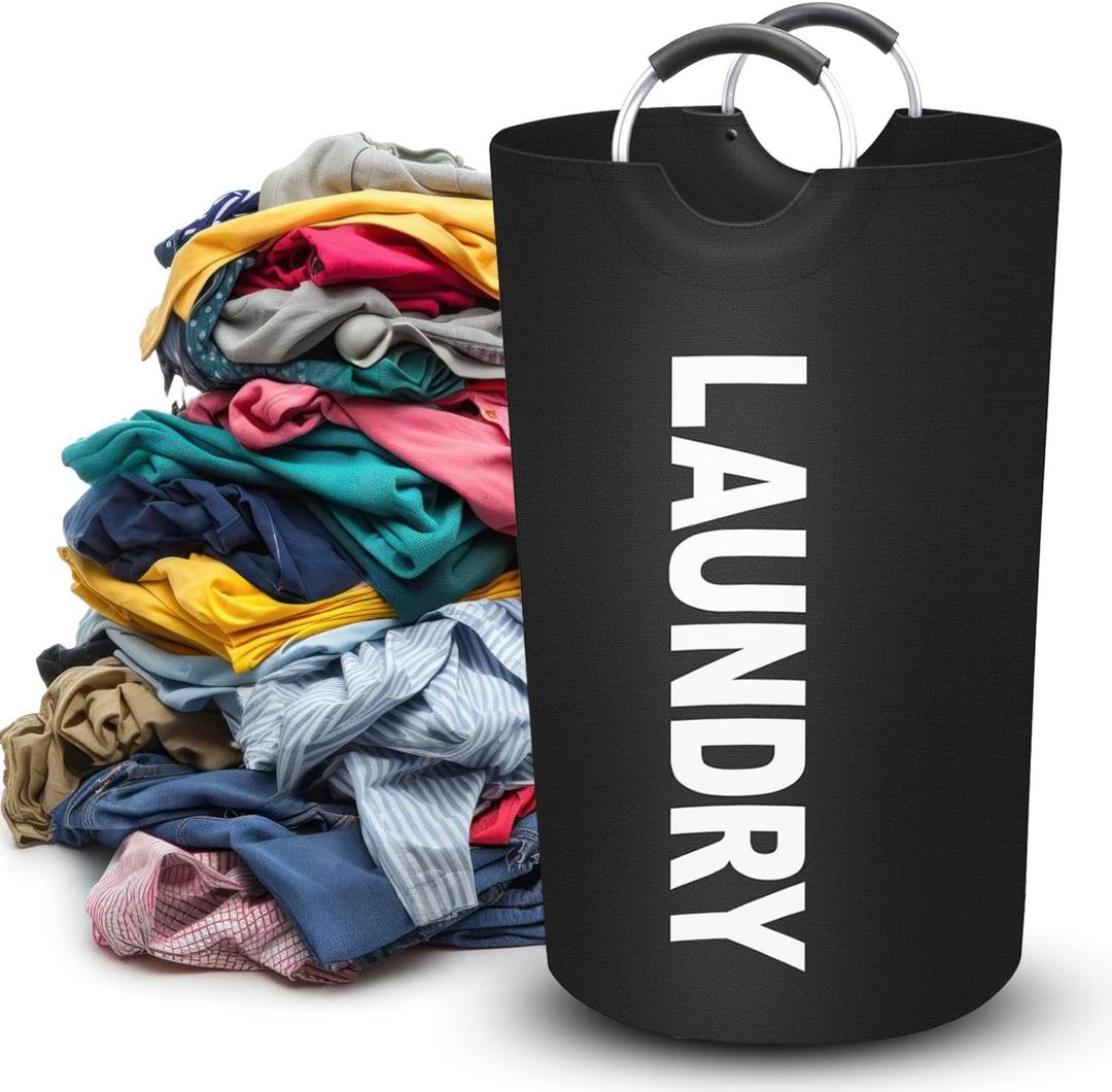 90L Large Laundry Basket, Collapsible Laundry Bag, Freestanding Tall Clothes Hamper, Foldable Washing Bin (Black)