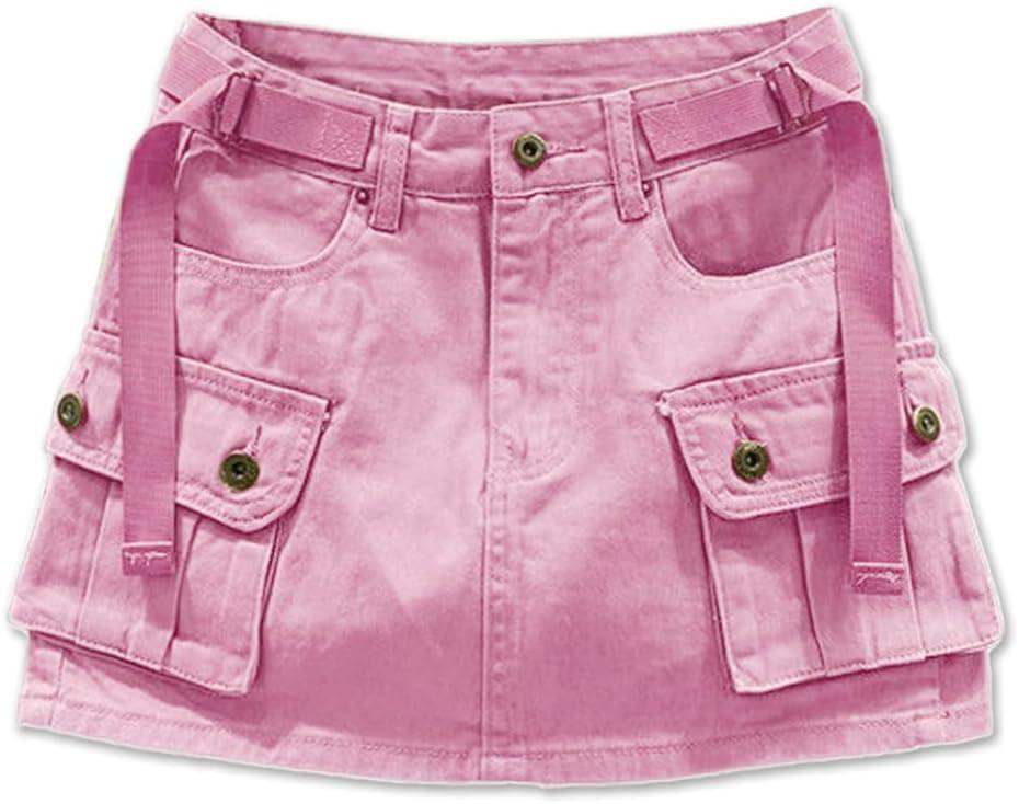 Kinghua Womens Mini Cargo Skirt Low Waist Y2k Short Denim Jean Skirt (XX-Large, Hot Pink)