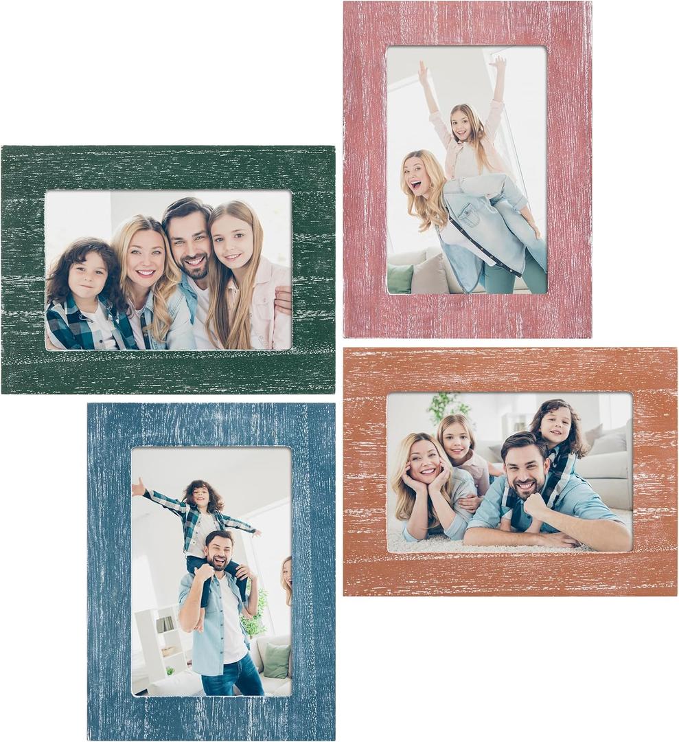 eletecpro 4x6 Picture Frame Set of 4, Display 4x6 Photos, with Real Glass and Farmhouse Style Texture Rustic Set for Wall Decor or Tabletop (Red, Orange, Green, Blue)
