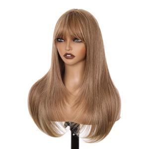 Warm Golden-brown Color Glueless Lace Front Wig For Women | 26 Inch Long Straight Layered Synthetic Wig With Curtain Bangs | Heat Resistant, Wear & Go, No Glue Needed | Cosplay & Daily Use