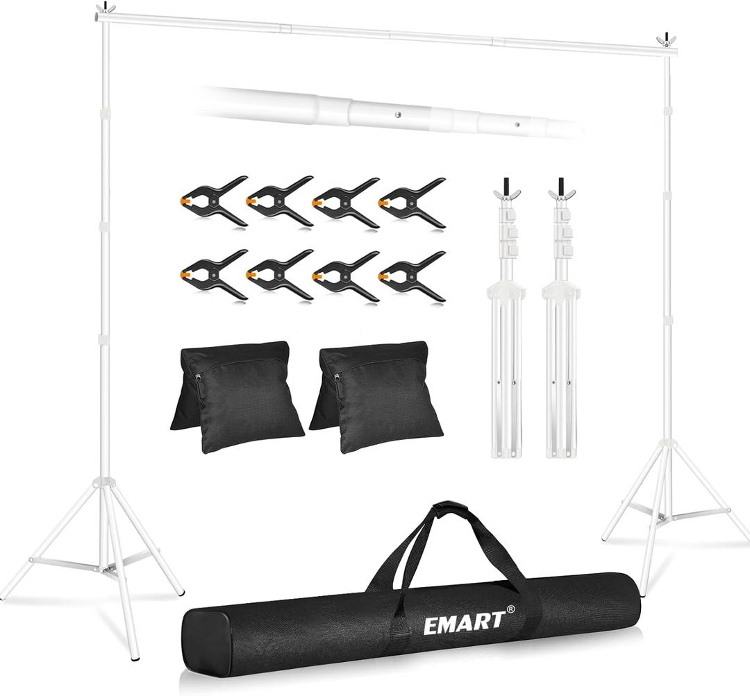 EMART Backdrop Stand 10x10ft(WxH) Photo Studio Adjustable Background Stand Support kit with 2 Crossbars, 8 Clamps, 2 Sandbags and Carry Bag for Parties, Events Decoration, Wedding, Photography -White